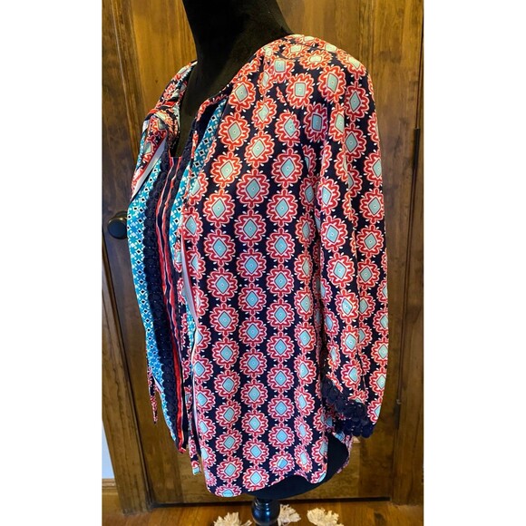 Crown & Ivy Boho Peasant Petite Large Navy Red Patterened Top Blouse Casual - Picture 5 of 11